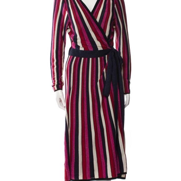Diane Von Furstenberg Long Sleeve Striped Sparkle Wrap Dress Sz S - Picture 1 of 8